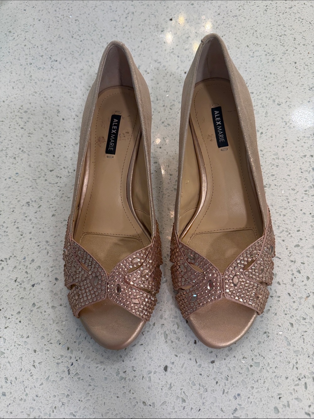Alex Marie Rose Gold Jeweled Peep-Toe Heels